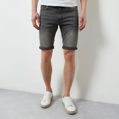 Light grey skinny fit distressed shorts